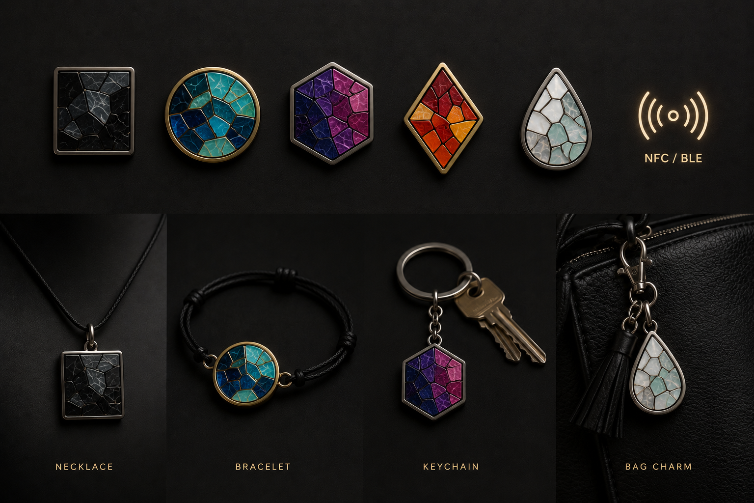 MOSAÏK Tile lookbook — necklace, bracelet, keychain and clip